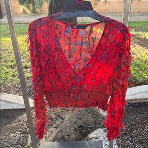 Zara Vibrant Red Floral Blouse